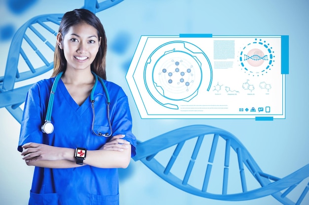 Imagem composta de enfermeira asiática com estetoscópio cruzando os braços