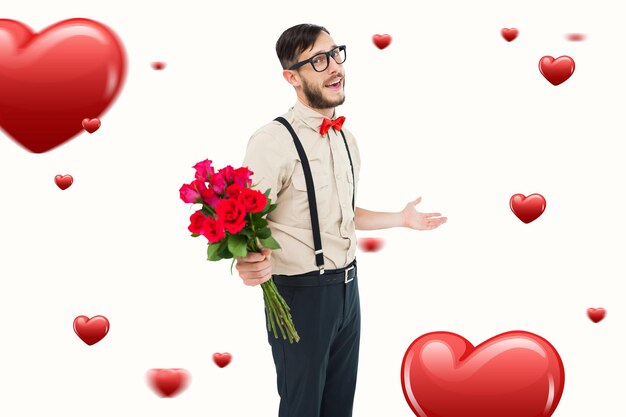 Imagem composta de hipster nerd oferecendo buquê de rosas