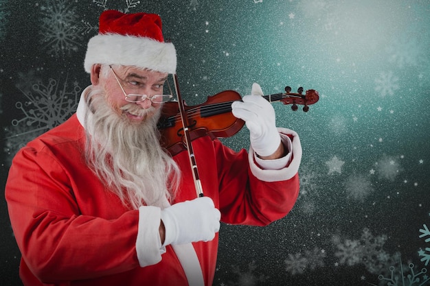 Imagem composta de sorridente Papai Noel tocando violino