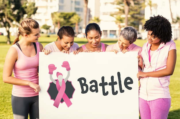 Imagem composta de texto de batalha com semelhança feminina e fita de conscientização do câncer de mama