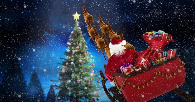 Imagem composta de visão de alto ângulo do Papai Noel andando de trenó durante o Natal