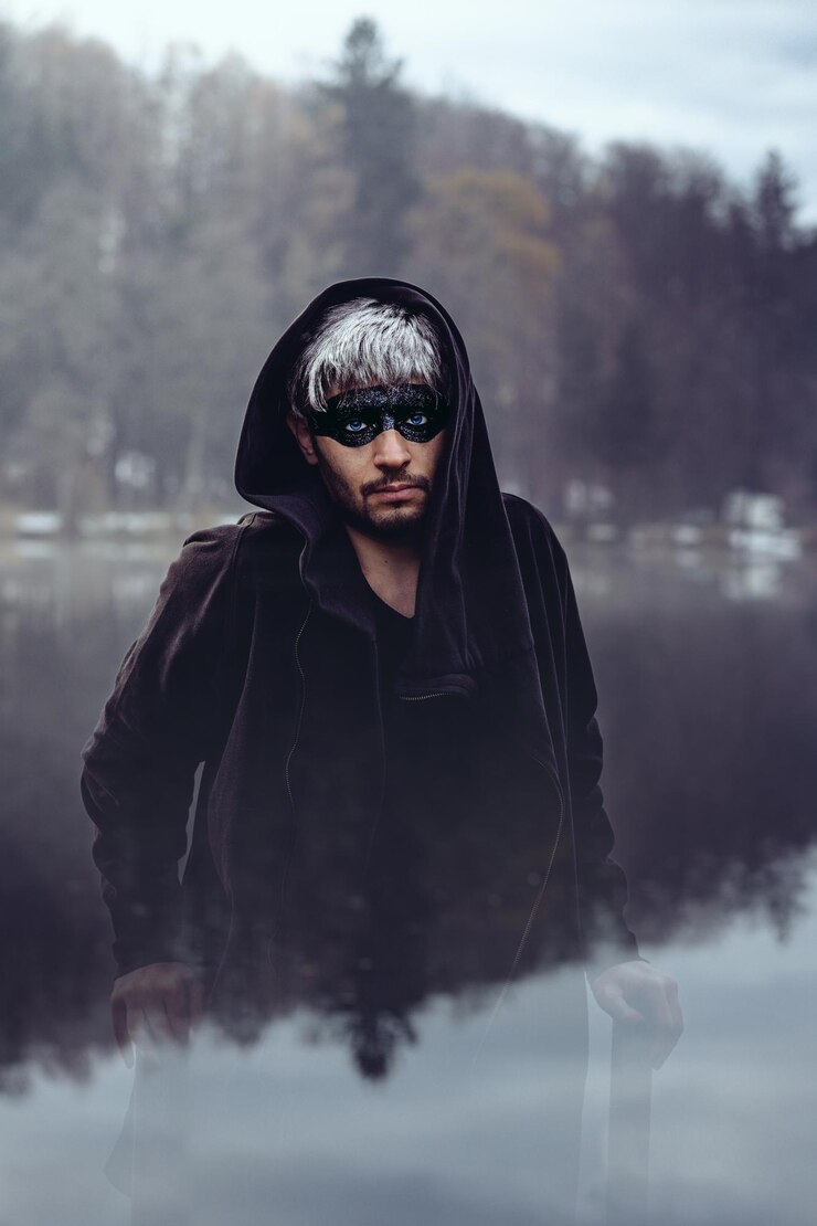 Foto imagem composta digital de um homem de pé no lago contra árvores e céu