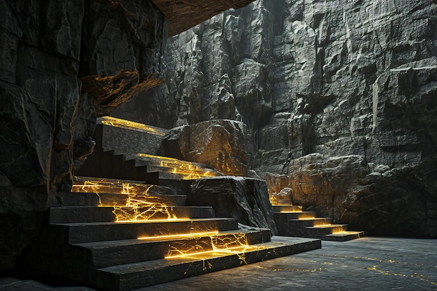 Imagem conceitual com escadas brilhantes em uma caverna escura