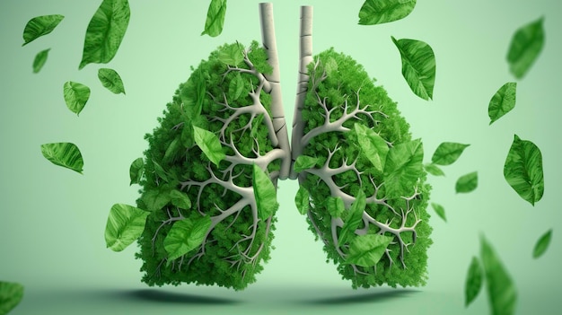 Imagem conceitual da foto pulmões humanos feitos de folhas verdes árvores pulmões do planeta hálito fresco ecologia energia limpa design moderno revista estilo cópia espaço 3d ilustração 3d renderização generat ai