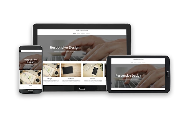 Imagem conceitual de tecnologia multidispositivo para tablet digital de apresentação de design responsivo e smartphone em várias orientações em um fundo branco