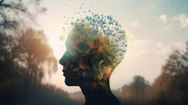 Foto imagem conceitual de uma cabeça humana com cérebro colorido e folhas de outono conceito de saúde mental
