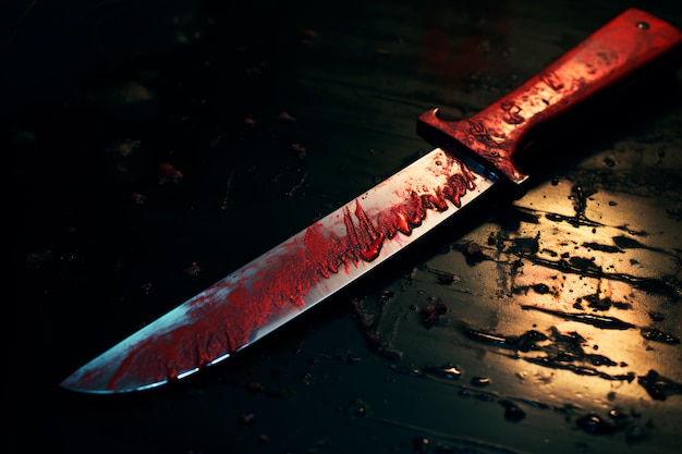 Foto imagem conceitual de uma faca afiada com sangue no chão fundo assustador abstrato gerado por ia
