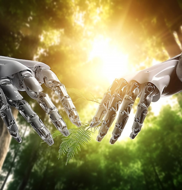 Imagem conceitual de uma mão de robô humano tocando uma planta verde na floresta