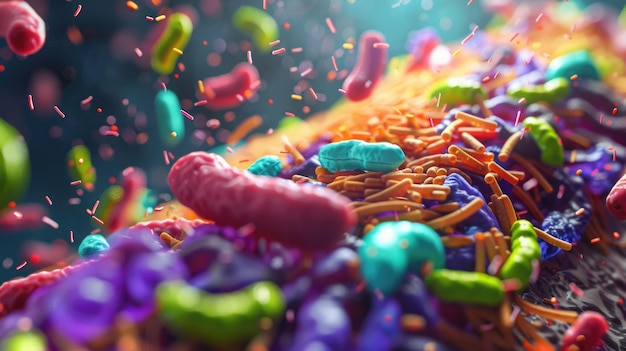 Foto imagem conceitual vibrante da flora intestinal com bactérias benéficas no intestino humano