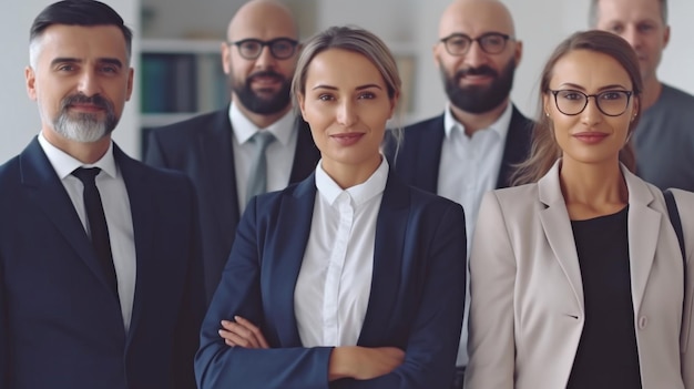 Imagem corporativa IA generativa bem-sucedida, sorridente, feliz, equipe variada de funcionários em pé no escritório