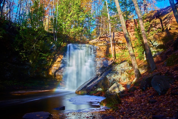 Imagem da cachoeira Hungarian Falls com um arco-íris na base das cataratas e uma piscina de água em redemoinhos suaves