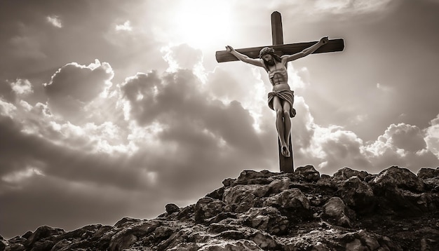 Imagem da Crucificação na Semana Santa Cristo na cruz durante o pôr do sol na Sexta-feira Santa