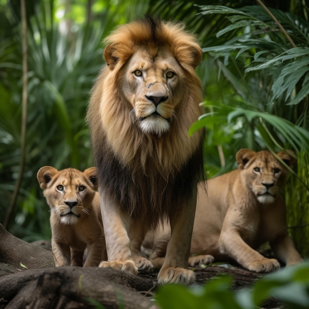 Imagem da família do leão na IA generativa da floresta