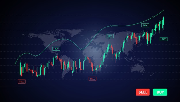 Imagem da ilustração do gráfico e indicador de preço do holograma virtual, gráfico de velas vermelho e verde negociação de ações. Investir no conceito de estoque.