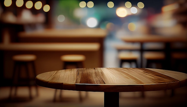 Imagem da mesa de madeira em frente ao restaurante turva abstrata luzes de fundo