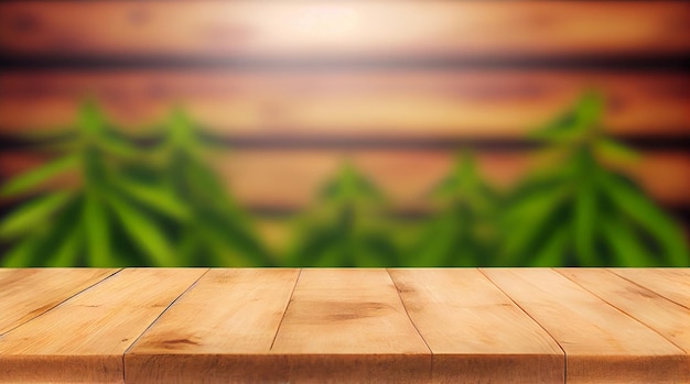 Imagem da mesa de madeira na frente do fundo desfocado abstrato da Cannabis Dispensary Shop Generative Ai