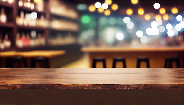 Imagem da mesa de madeira na frente do fundo desfocado abstrato das luzes do Bar Generative Ai