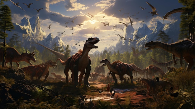 Foto imagem da natureza e dos dinossauros caminhantes