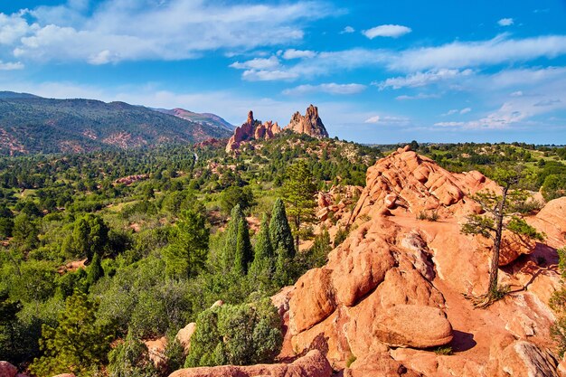 Imagem da paisagem de mountain view com uma árvore solitária nas rochas vermelhas nas montanhas do deserto