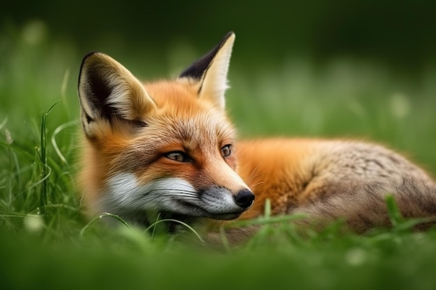 Imagem da raposa descansando na grama verde do pasto no verão Ilustração de animais selvagens IA generativa