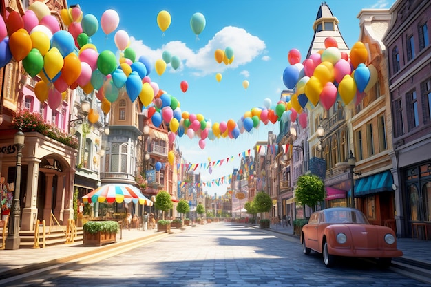 imagem da rua principal de uma cidade decorada com muitos balões coloridos
