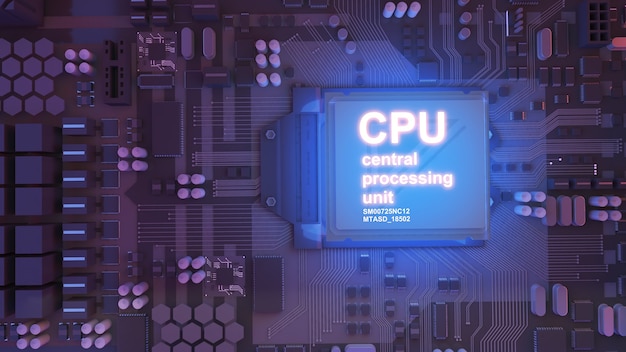 Imagem da unidade de processamento central; tecnologia de processamento de trabalho CPU conceitual na placa de circuito