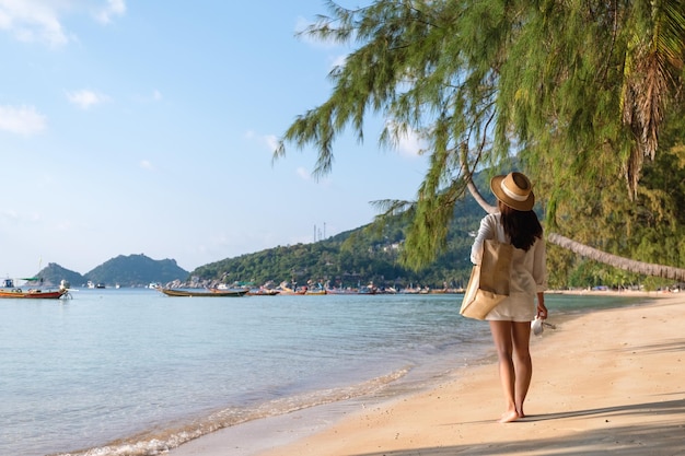 Imagem da vista traseira de uma mulher com chapéu e bolsa passeando na praia com fundo de céu azul