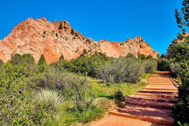 Imagem das etapas de caminhada no deserto com plantas do deserto e montanhas vermelhas com fundo de céu azul