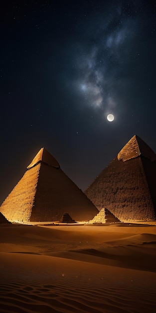 imagem das Pirâmides de Gizé sob um céu noturno brilhante