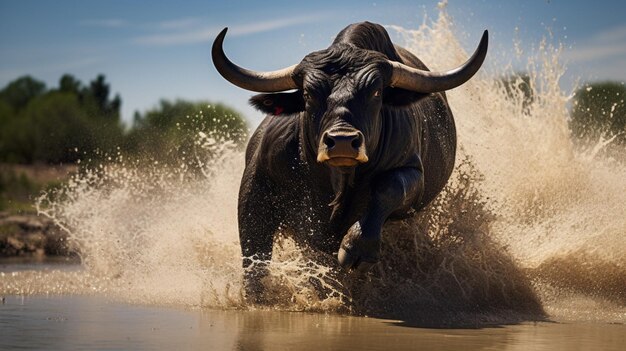 Imagem de água correndo de touro animal preto IA geradora