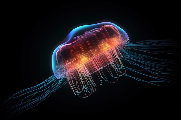Imagem de água-viva com lindas cores e luz com conceito de tecnologia em um fundo escuro Ilustração de animais selvagens IA generativa