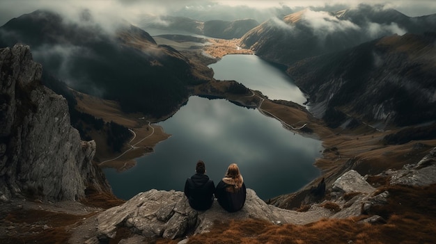 Imagem de alguns no topo de uma montanha olhando para um lago coberto de neve Recurso criativo gerado por IA