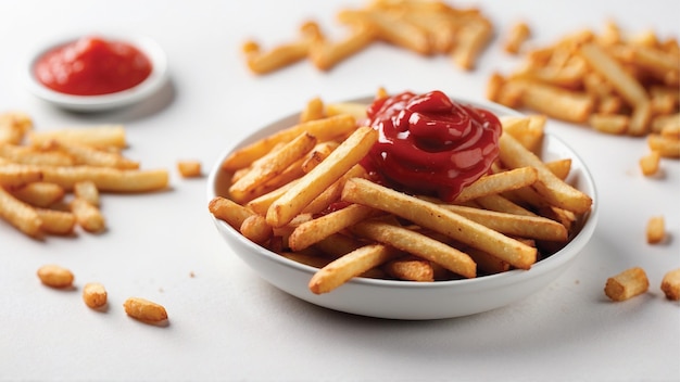 Foto imagem de alta qualidade de batatas fritas crocantes com um ketchup vermelho em fundo branco