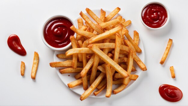 Imagem de alta qualidade de batatas fritas crocantes com um ketchup vermelho em fundo branco