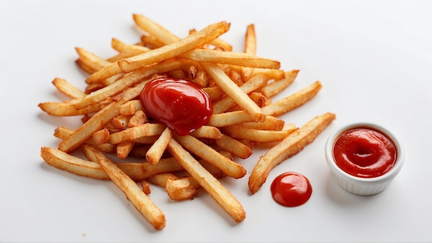 Imagem de alta qualidade de batatas fritas crocantes com um ketchup vermelho em fundo branco