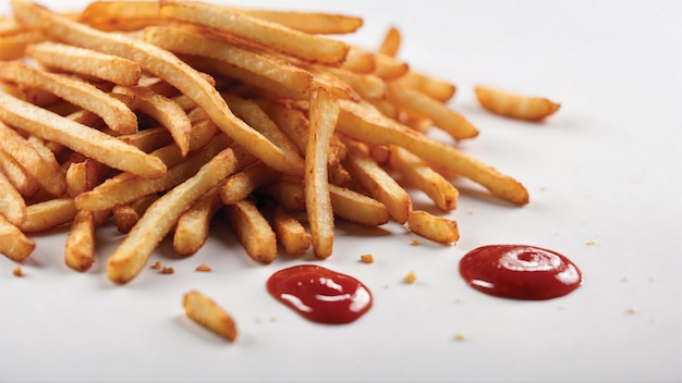 Imagem de alta qualidade de batatas fritas crocantes com um ketchup vermelho em fundo branco