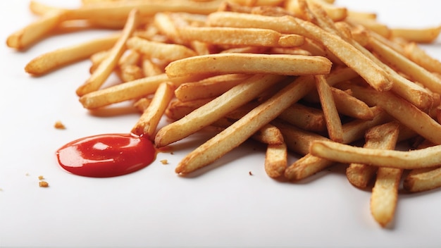 Imagem de alta qualidade de batatas fritas crocantes com um ketchup vermelho em fundo branco