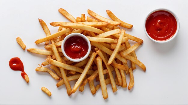 Imagem de alta qualidade de batatas fritas crocantes com um ketchup vermelho em fundo branco