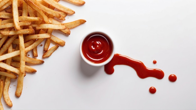 Foto imagem de alta qualidade de batatas fritas crocantes com um ketchup vermelho em fundo branco