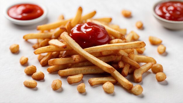 Imagem de alta qualidade de batatas fritas crocantes com um ketchup vermelho em fundo branco