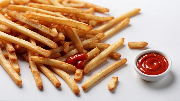 Imagem de alta qualidade de batatas fritas crocantes com um ketchup vermelho em fundo branco