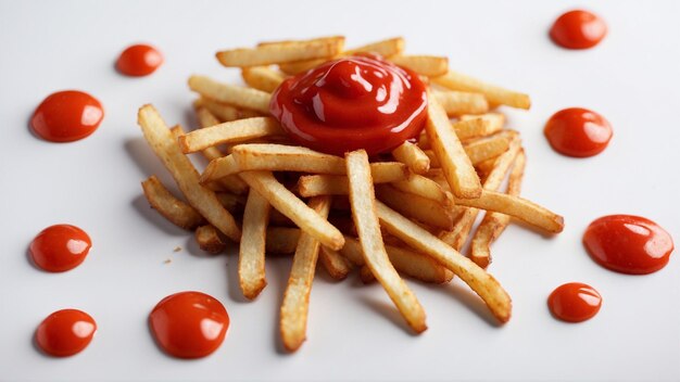 Imagem de alta qualidade de batatas fritas crocantes com um ketchup vermelho em um fundo limpo