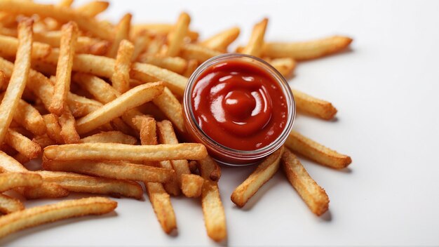 Imagem de alta qualidade de batatas fritas crocantes com um ketchup vermelho em um fundo limpo