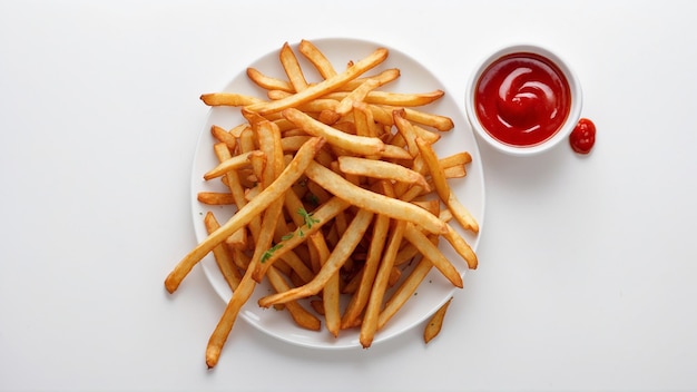 Foto imagem de alta qualidade de batatas fritas crocantes com um ketchup vermelho em um fundo limpo
