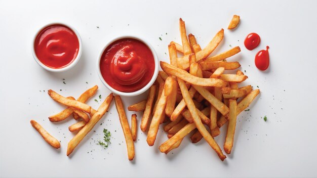 Foto imagem de alta qualidade de batatas fritas crocantes com um ketchup vermelho em um fundo limpo