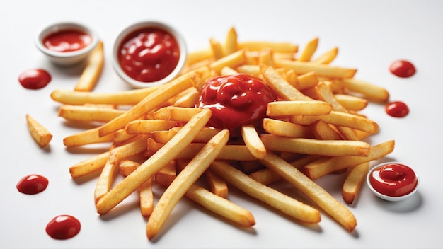 Foto imagem de alta qualidade de batatas fritas crocantes com um ketchup vermelho em um fundo limpo