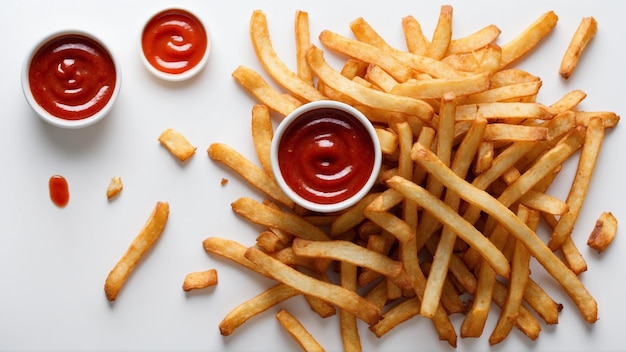 Imagem de alta qualidade de batatas fritas crocantes com um ketchup vermelho em um fundo limpo