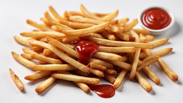 Imagem de alta qualidade de batatas fritas crocantes com um ketchup vermelho em um fundo limpo