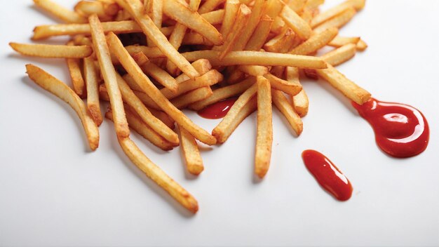 Imagem de alta qualidade de batatas fritas crocantes com um ketchup vermelho em um fundo limpo