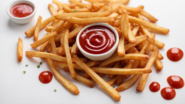 Imagem de alta qualidade de batatas fritas crocantes com um ketchup vermelho em um fundo limpo